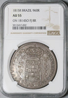 1815-R NGC AU 55 Brazil 960 Reis Overstruck Chile 8 Reales 1814-So Coin (21092401C)