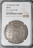 1815-R NGC AU 55 Brazil 960 Reis Overstruck Chile 8 Reales 1814-So Coin (21092401C)