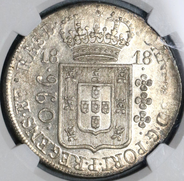 1818-R NGC MS 63+ Brazil 960 Reis Over Struck Peru 8 Reales Coin (21081204C)