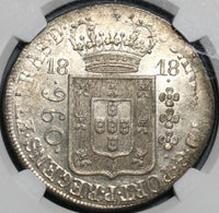1818-R NGC MS 63+ Brazil 960 Reis Over Struck Peru 8 Reales Coin (21081204C)