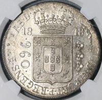 1818-R NGC MS 63+ Brazil 960 Reis Over Struck Peru 8 Reales Coin (21081204C)
