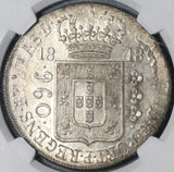 1818-R NGC MS 63+ Brazil 960 Reis Over Struck Peru 8 Reales Coin (21081204C)