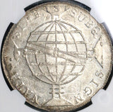 1818-R NGC MS 63+ Brazil 960 Reis Over Struck Peru 8 Reales Coin (21081204C)