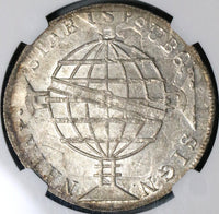 1818-R NGC MS 63+ Brazil 960 Reis Over Struck Peru 8 Reales Coin (21081204C)