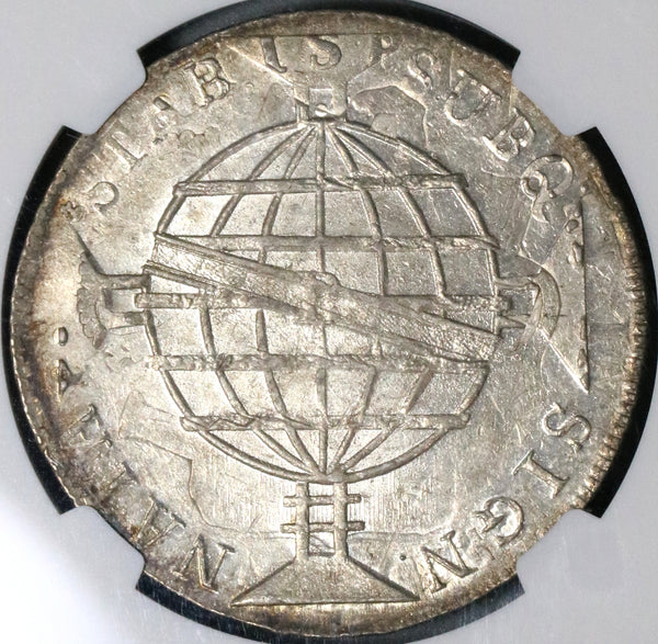 1818-R NGC MS 63+ Brazil 960 Reis Over Struck Peru 8 Reales Coin