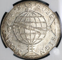 1818-R NGC MS 63+ Brazil 960 Reis Over Struck Peru 8 Reales Coin (21081204C)