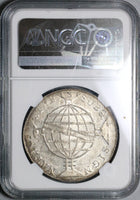 1818-R NGC MS 63+ Brazil 960 Reis Over Struck Peru 8 Reales Coin (21081204C)