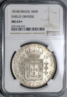 1818-R NGC MS 63+ Brazil 960 Reis Over Struck Peru 8 Reales Coin (21081204C)