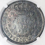 1819-R NGC AU 58 Brazil 960 Reis Overstruck Chile Peso 1818/7 Volcano Silver Coin (22112701C)