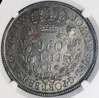 1819-R NGC AU 58 Brazil 960 Reis Overstruck Chile Peso 1818/7 Volcano Silver Coin (22112701C)