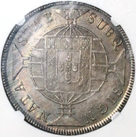 1819-R NGC AU 58 Brazil 960 Reis Overstruck Chile Peso 1818/7 Volcano Silver Coin (22112701C)