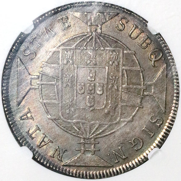 1819-R NGC AU 58 Brazil 960 Reis Overstruck Chile Peso 1818/7