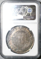 1819-R NGC AU 58 Brazil 960 Reis Overstruck Chile Peso 1818/7 Volcano Silver Coin (22112701C)