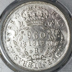 1819-R PCGS UNC Brazil 960 Reis Overstruck Chile 8 Reales 1813 Coin (22071303C)