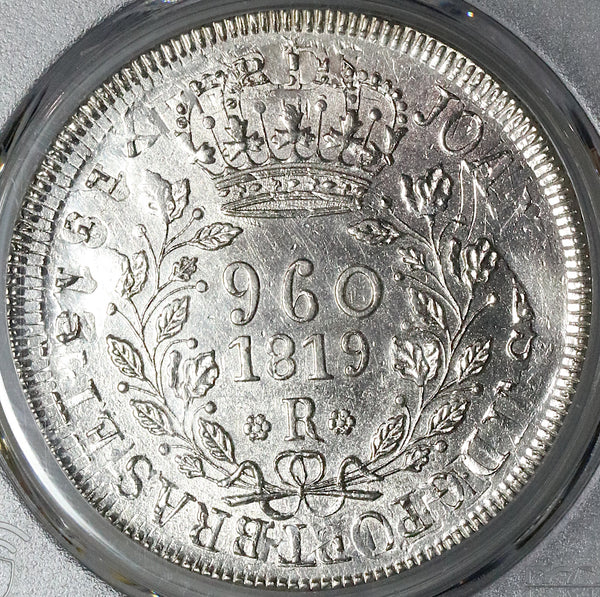 1819-R PCGS UNC Brazil 960 Reis Overstruck Chile 8 Reales 1813 Coin (22071303C)