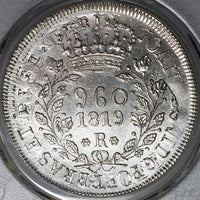 1819-R PCGS UNC Brazil 960 Reis Overstruck Chile 8 Reales 1813 Coin (22071303C)