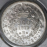 1819-R PCGS UNC Brazil 960 Reis Overstruck Chile 8 Reales 1813 Coin (22071303C)
