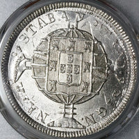 1819-R PCGS UNC Brazil 960 Reis Overstruck Chile 8 Reales 1813 Coin (22071303C)