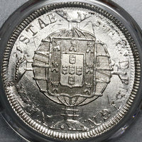 1819-R PCGS UNC Brazil 960 Reis Overstruck Chile 8 Reales 1813 Coin (22071303C)