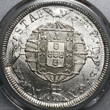 1819-R PCGS UNC Brazil 960 Reis Overstruck Chile 8 Reales 1813 Coin (22071303C)