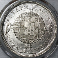 1819-R PCGS UNC Brazil 960 Reis Overstruck Chile 8 Reales 1813 Coin (22071303C)