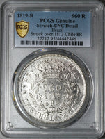 1819-R PCGS UNC Brazil 960 Reis Overstruck Chile 8 Reales 1813 Coin (22071303C)