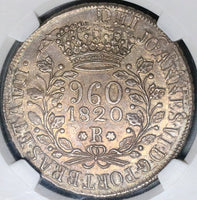 1820-R NGC AU 58 Brazil 960 Reis Overstruck Bolivia 8 Reales 1817 Coin (22070701D)