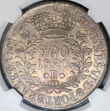 1820-R NGC AU 58 Brazil 960 Reis Overstruck Bolivia 8 Reales 1817 Coin (22070701D)