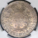1820-R NGC AU 58 Brazil 960 Reis Overstruck Bolivia 8 Reales 1817 Coin (22070701D)