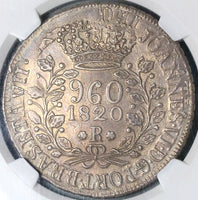 1820-R NGC AU 58 Brazil 960 Reis Overstruck Bolivia 8 Reales 1817 Coin (22070701D)