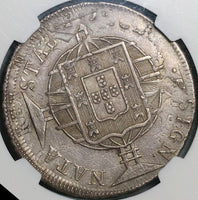 1820-R NGC AU 58 Brazil 960 Reis Overstruck Bolivia 8 Reales 1817 Coin (22070701D)
