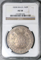 1820-R NGC AU 58 Brazil 960 Reis Overstruck Bolivia 8 Reales 1817 Coin (22070701D)