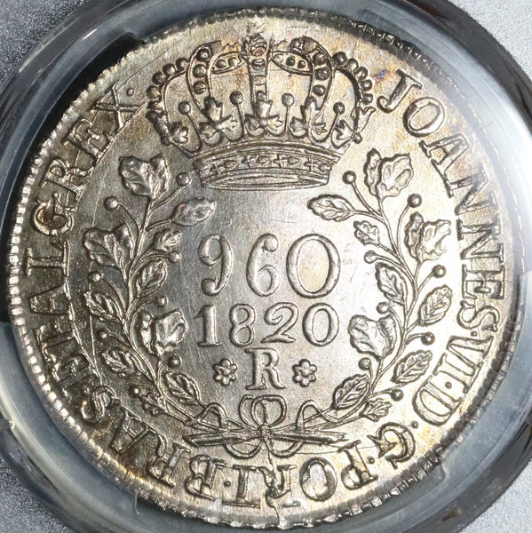 1820-R PCGS MS 63 Brazil 960 Reis Over Struck Spain Colonial Coin (21063003D)