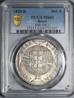 1820-R PCGS MS 63 Brazil 960 Reis Over Struck Spain Colonial Coin (21063003D)