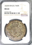 1820-R NGC MS 64 Brazil 960 Reis Overstruck Peru Silver 8 Reales (19080903C)