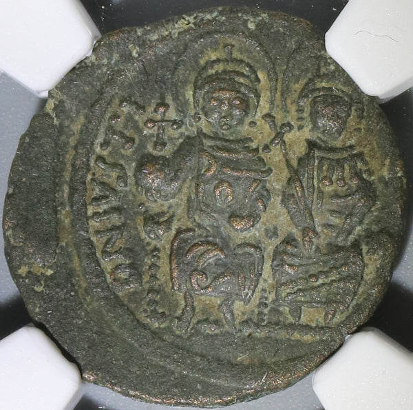 572 NGC XF Justin II & Sophia Byzantine 20 Nummi 1/2 Follis Nicomedia Mint (18090409D)