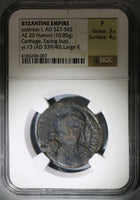 539 NGC Fine Justinian I Byzantine Empire 20 Nummi 1/2 Follis Rare Carthage Mint Year 13 (21092301C)
