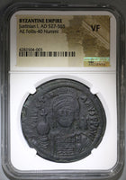 539 NGC VF Justinian I Byzantine Empire Follis Cyzicus Mint Year 13 Dated Coin  (21091902C)