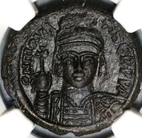 588 Maurice Tiberius Byzantine Empire Follis Year 7 NGC Ch AU Pedigree (19120801C)