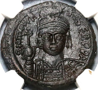 588 Maurice Tiberius Byzantine Empire Follis Year 7 NGC Ch AU Pedigree (19120801C)