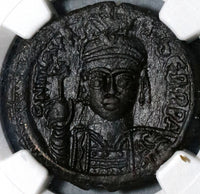 588 Maurice Tiberius Byzantine Empire Follis Year 7 NGC Ch AU Pedigree (19120801C)