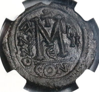 588 Maurice Tiberius Byzantine Empire Follis Year 7 NGC Ch AU Pedigree (19120801C)