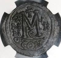 588 Maurice Tiberius Byzantine Empire Follis Year 7 NGC Ch AU Pedigree (19120801C)