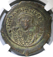 601 Maurice Tiberius Byzantine Follis Year 20 NGC AU Pedigree (19041701C)