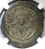 601 Maurice Tiberius Byzantine Follis Year 20 NGC AU Pedigree (19041701C)