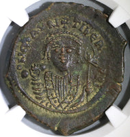 601 Maurice Tiberius Byzantine Follis Year 20 NGC AU Pedigree (19041701C)