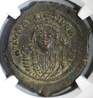 601 Maurice Tiberius Byzantine Follis Year 20 NGC AU Pedigree (19041701C)