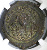 601 Maurice Tiberius Byzantine Follis Year 20 NGC AU Pedigree (19041701C)