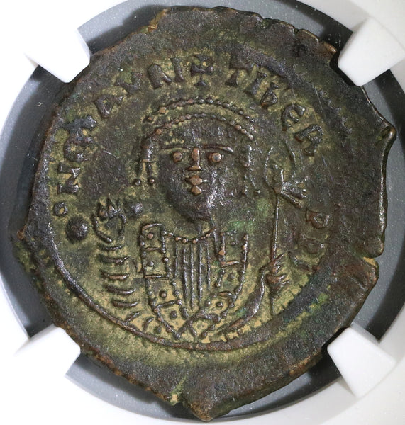 601 Maurice Tiberius Byzantine Follis Year 20 NGC AU Pedigree (19041701C)