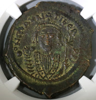 601 Maurice Tiberius Byzantine Follis Year 20 NGC AU Pedigree (19041701C)